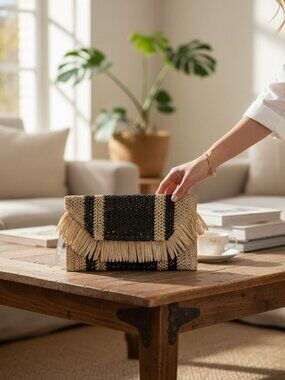 ACT Beauty Summer Straw Tan and Black Clutch Handbag with Fringe  NWT